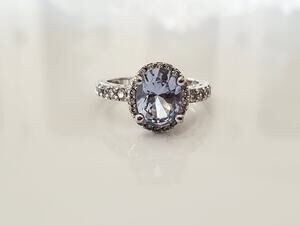 Blue Stone and CZ Halo Sterling Silver Ring